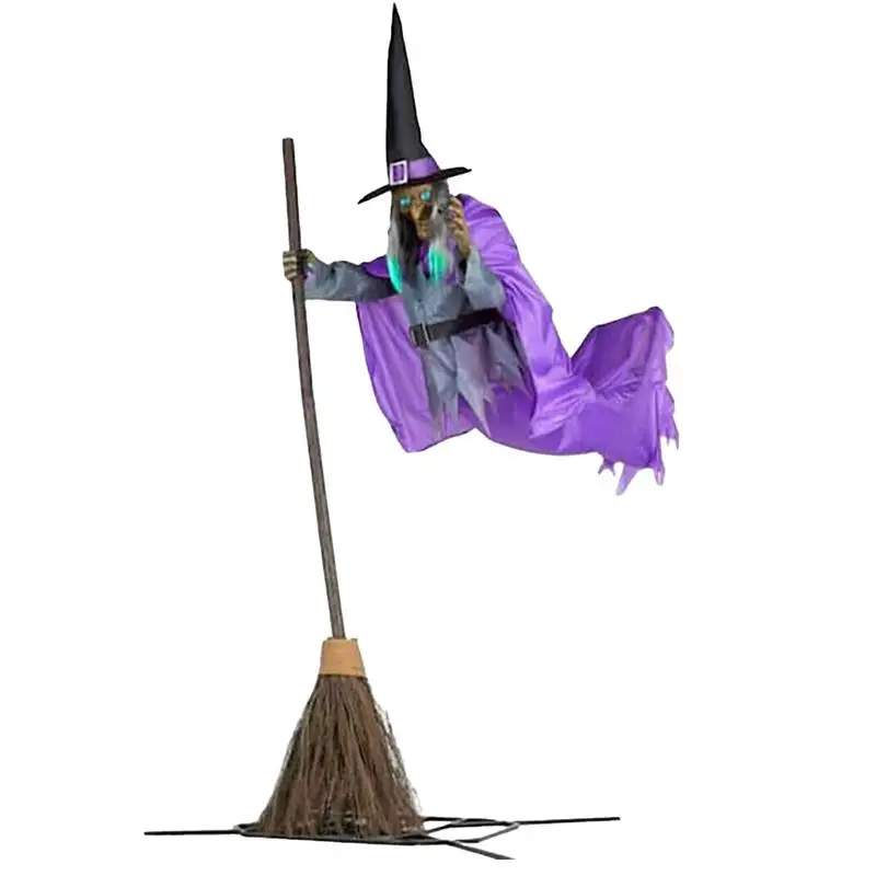 

Halloween Flying Witch Decor With Broom And Lighted Eyes Halloween Garden Broom Witch Hanging in the Air For Cosplay