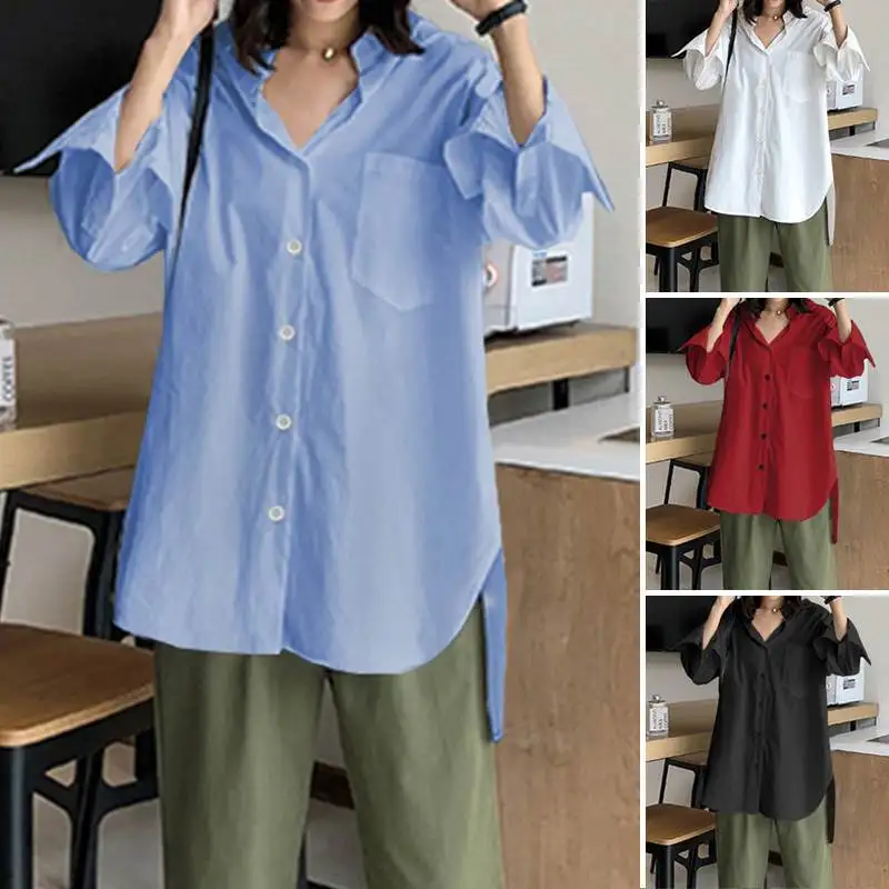 

2023 Autumn Fashionable and Casual Long-sleeved T-shirt for Women, Asymmetrical Button Style White Shirt, Pure Color