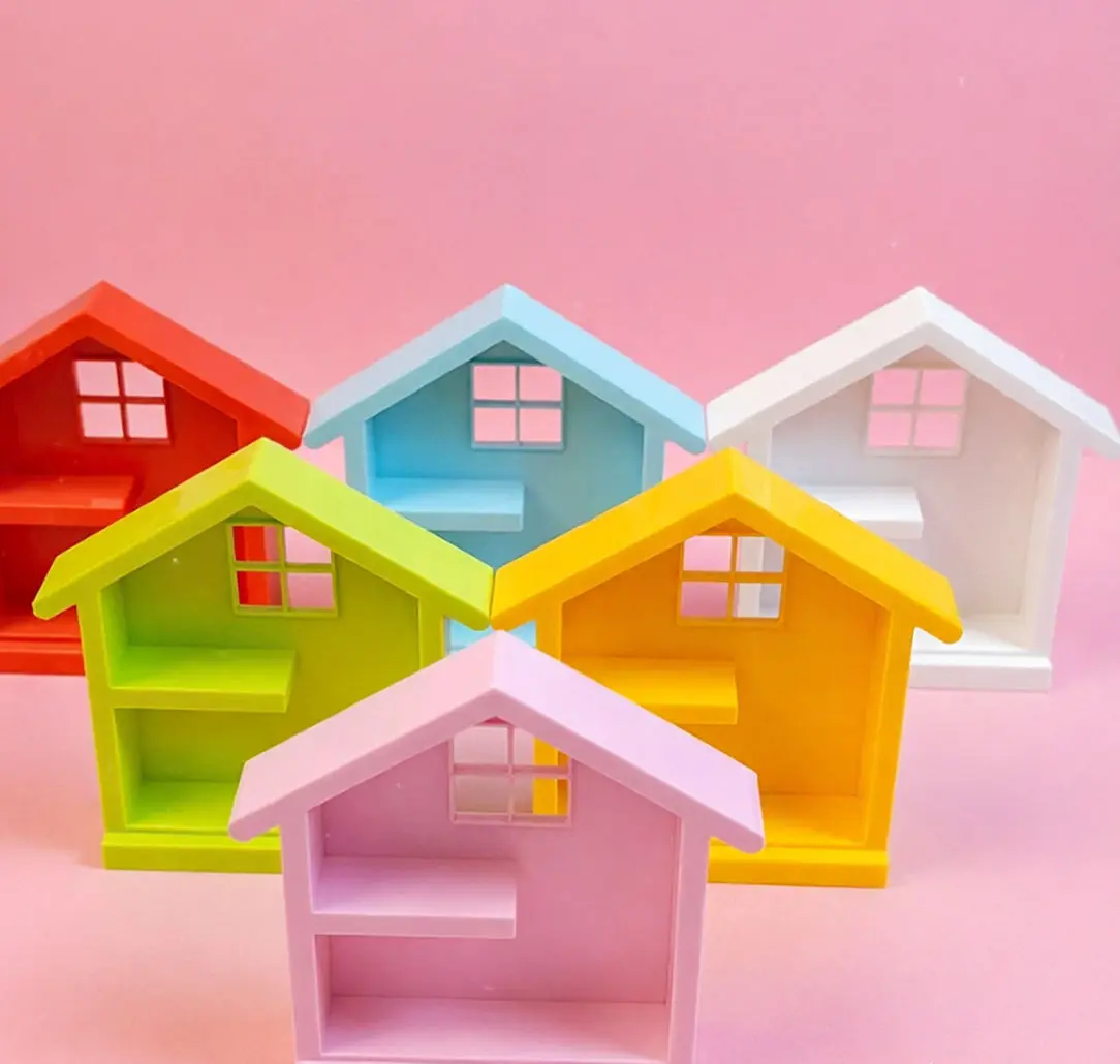 Colorful Mini House Shape Dollhouse Shelf, Miniature Scene Layout Base, Kids Pretend Play Toy DIY Handmade Decor Accessories