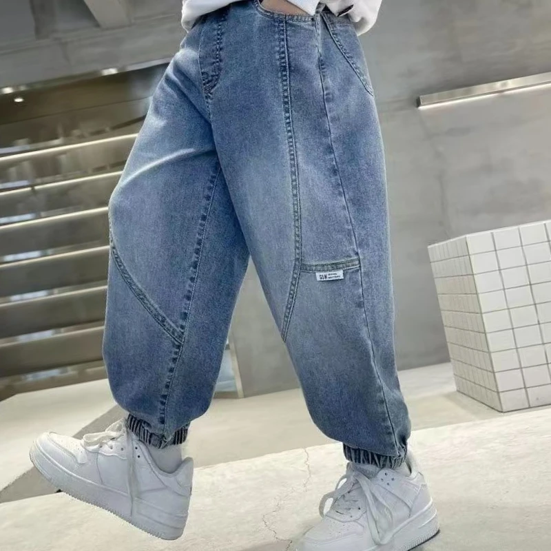 بنطال طويل من قماش الدنيم خفيف الوزن للربيع والخريف للأولاد - جينز رياضي فضفاض مناسب للأولاد من توين #1