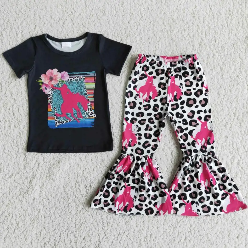 

RTS girls boutique clothing sets cowboy colorful floral print baby bell bottom sets children clothes