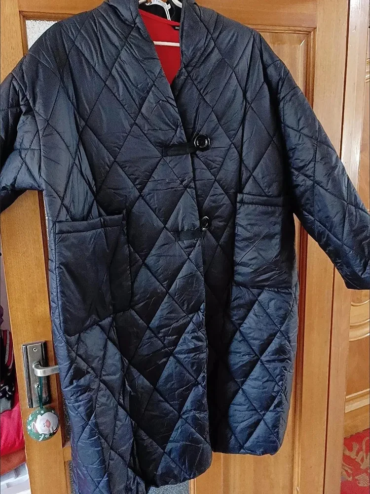 Chaqueta de algodón holgada de gran tamaño, Abrigo acolchado con cuello levantado a cuadros, Vintage, largo por debajo de la rodilla, abrigo