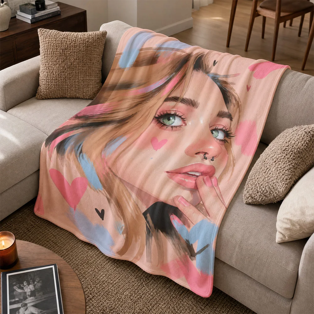 Aesthetic Woman Portrait Watercolor Print Throw Blanket for Sofa Cozy Living Room Decor Chunky Fleece Cover Stylish Art Home Acc