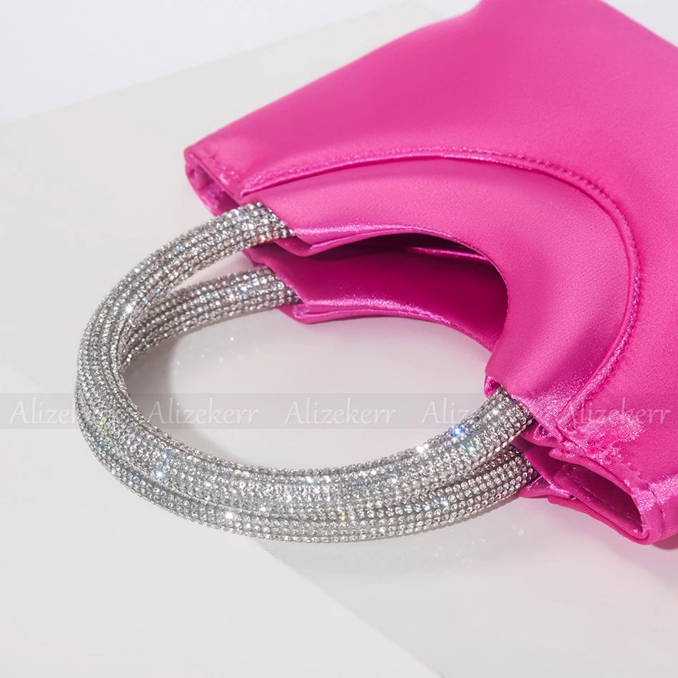 Rhinestone Round Handle Satin Bags Women Elegant Boutique Evening Clutch Purse And Handbags Bridal Wedding Party Top Quality