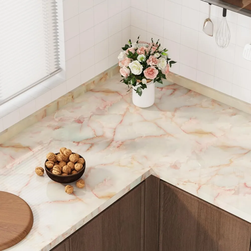 Gold Marble Pattern Waterproof Peel and Stick Kitchen Countertop Covering, 32 x 354, Yellow Marble Design for Wide Counters