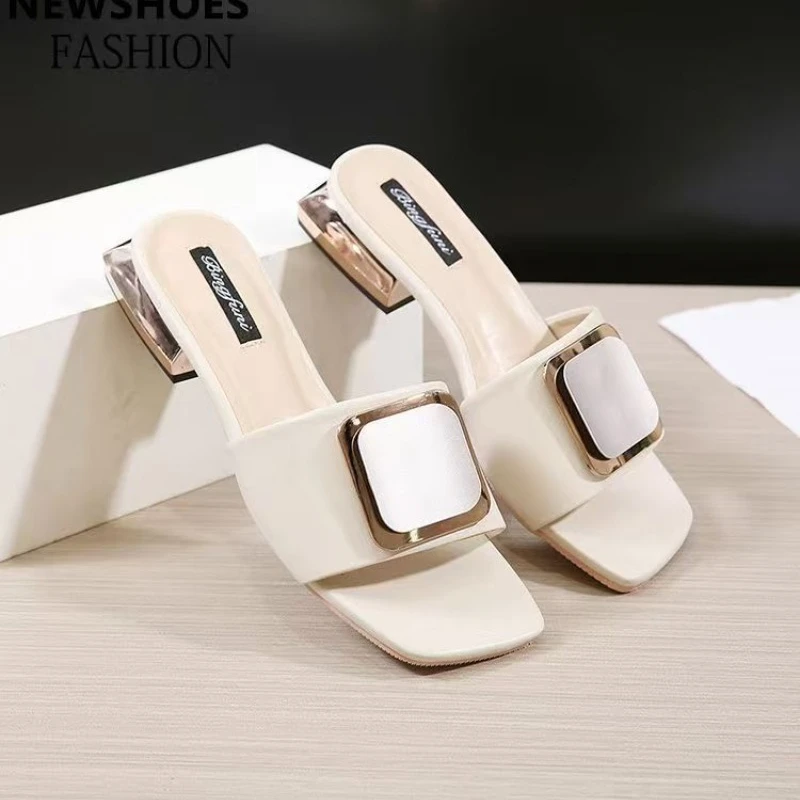 

Модные женские тапочки на высоком каблуке, летние элегантные туфли без шнуровки на низком каблуке для свадебной вечеринки, удобные нескользящие женские тапочки