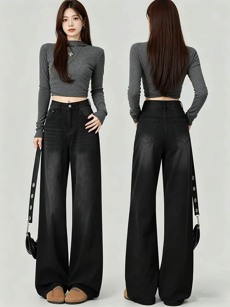 

Botvotee Vintage Women's Black Grey High Waist Jeans Y2K Fashion Baggy Loose Straight Wide Leg Baggy Denim Trousers Pants