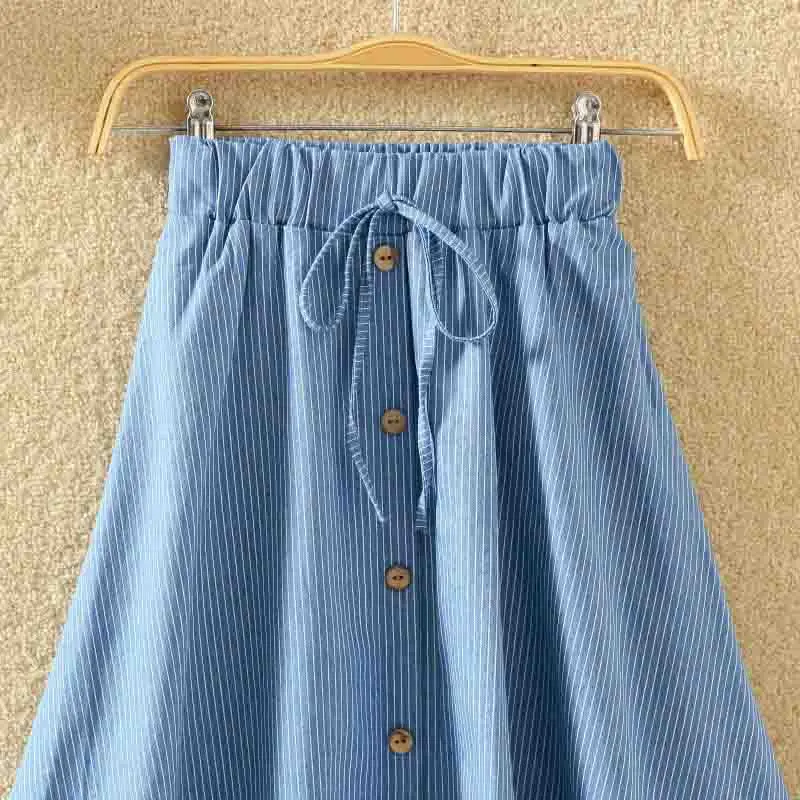 Women Single-Breasted High-Waist Mid-Length Skirt Solid Color Denim Skirt