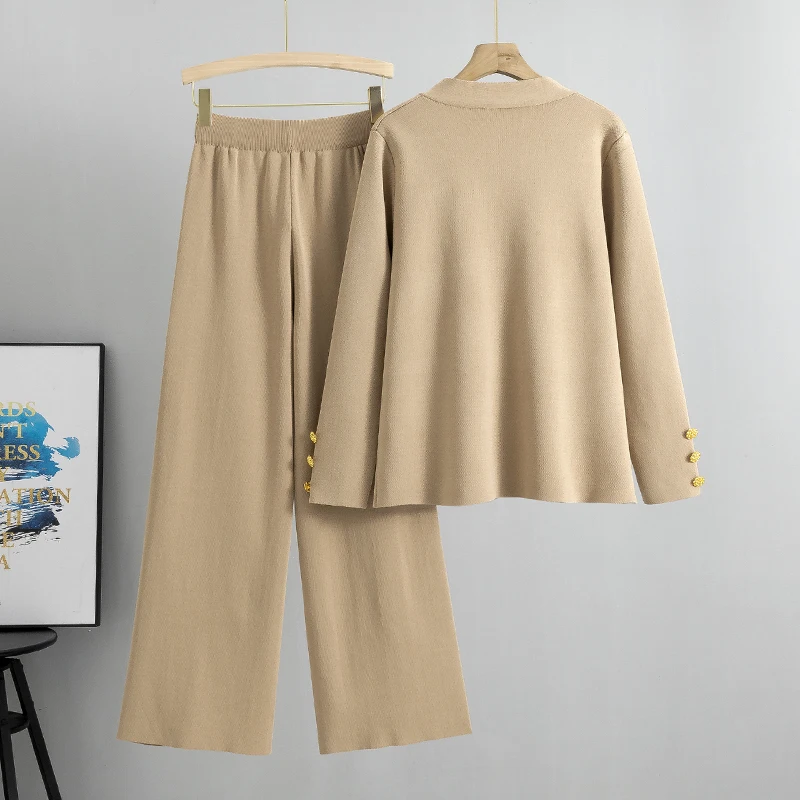 Elegant V-neck Long Sleeve Sweater Cardigan +wide Leg Pants 2 Piece Sets Womens Spring Solid Color Casual Sweatshirts