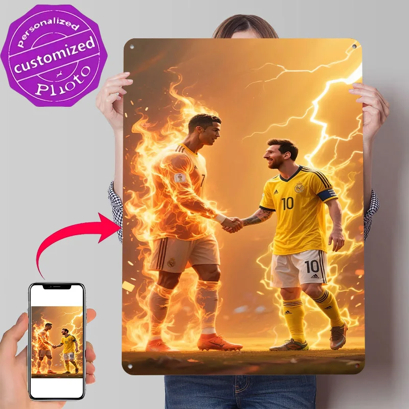 Ronaldo und Messi Händchen haltend 3D-Textur Metallposter Personalisiertes Wandkunst Blechschild Geschenk für Männerhöhle Heimdekoration Ornamente