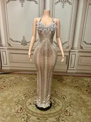 ZD Silver Rhinestone Crystals Chains Long Dress for Women Transparent Sexy Performance Evening Gown plus Size Birthday Celebrate