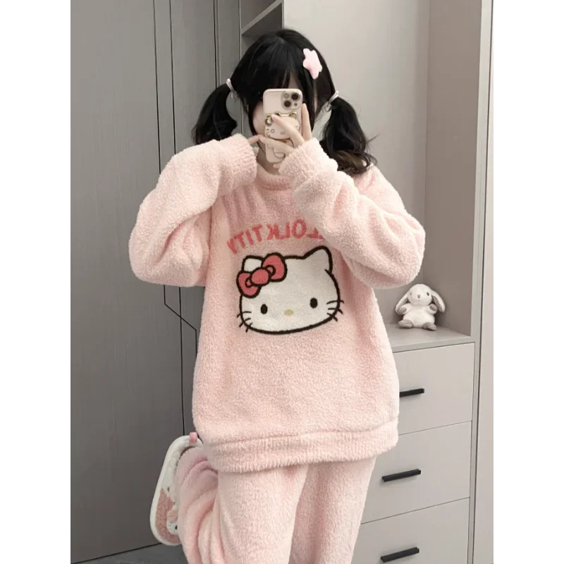 Sanrio Hello Kitty pajamas round neck long sleeves trousers warm plush women\'s pajamas casual cartoon winter loungewear set