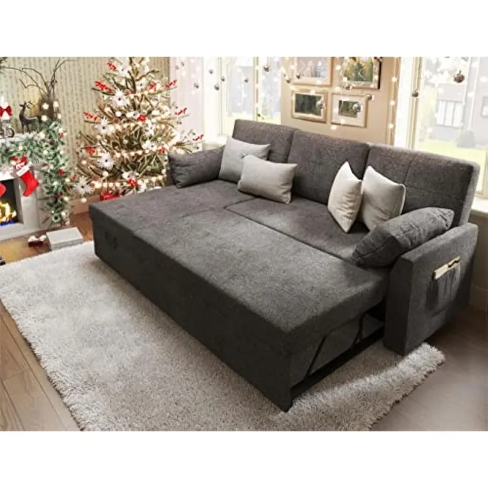 Sofa Bed, 2 in 1 Pull Out Couch Bed with Storage Chaise for Living Room, Sofa Sleeper with Pull Out Bed, Chenille Couch