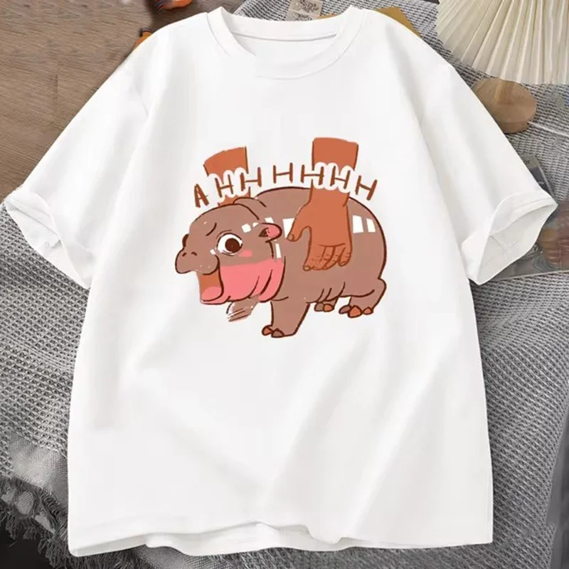 Three Moo Deng Moon Tshirt Women Fuuny Cartoon Cute Moodeng T-shirt Short Sleeve O Neck Women's Clothing Summer Streetwear Y2K