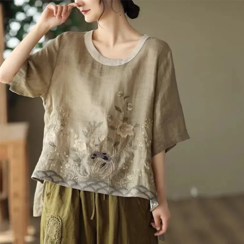 Cotton Linen Blouse Floral Print Womens Tops Spring Summer Literary Retro Embroidery Top Casual Contrast Round Neck Blouses