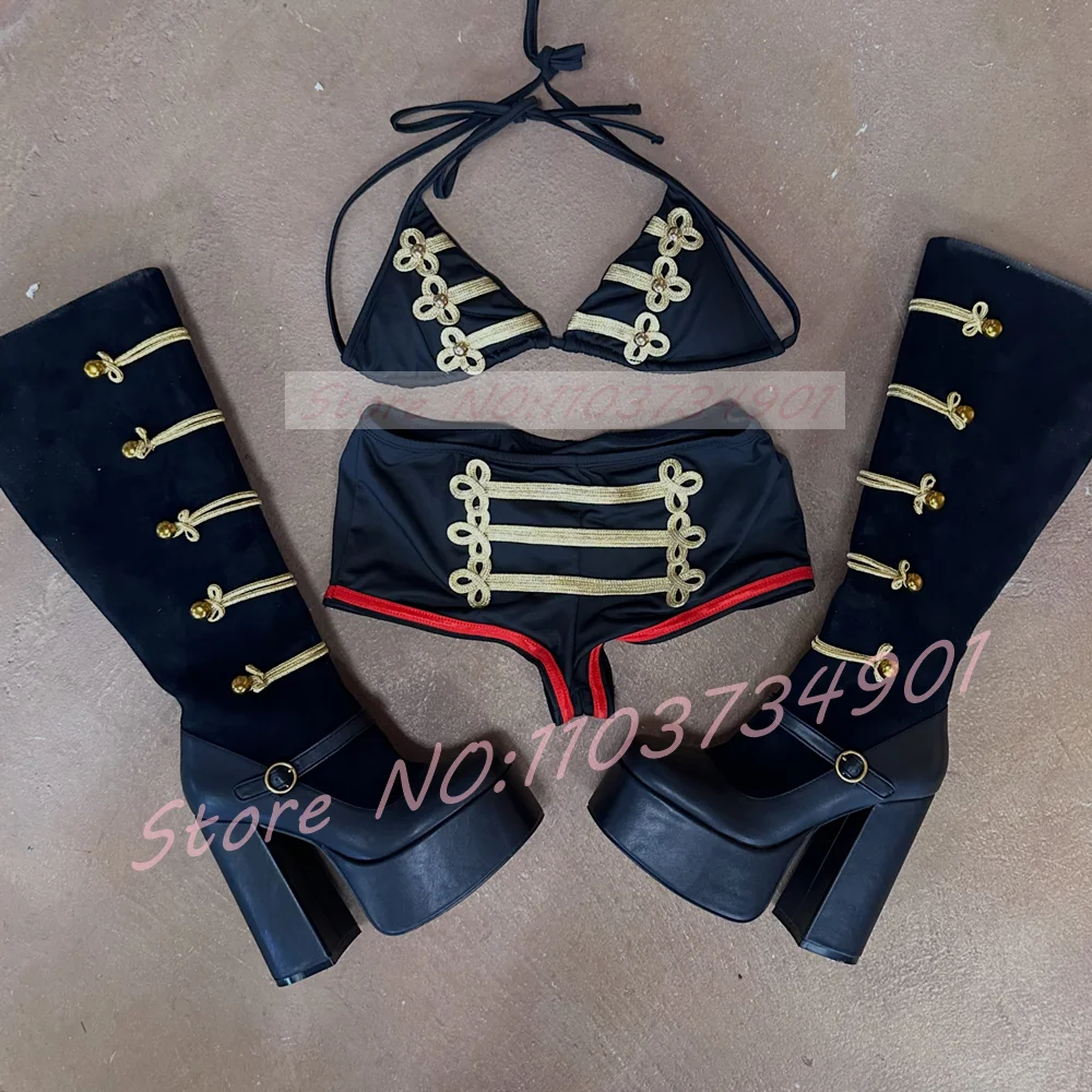 Platform Block Heel Boots Women Gold Rope Knee High Suede Leather Splicing Buckle Strap Goth Festival fashion Boots
