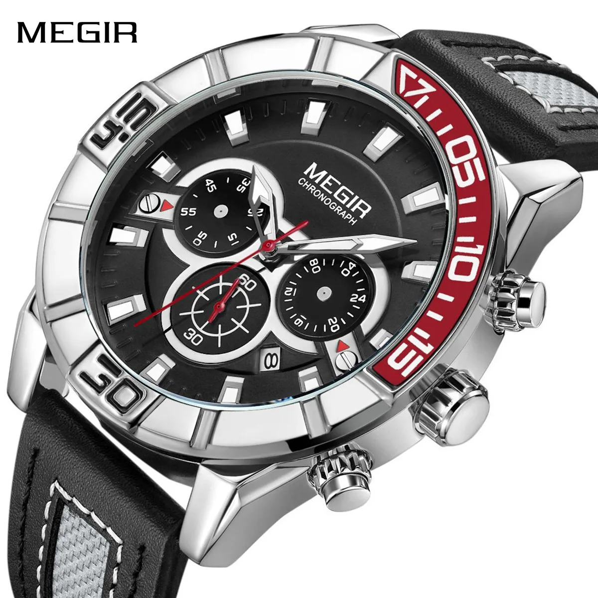 

MEGIR мужские часы с кожаным ремешком, модные военные спортивные хронографы, водостойкие светящиеся кварцевые наручные часы, 24 часа 2066