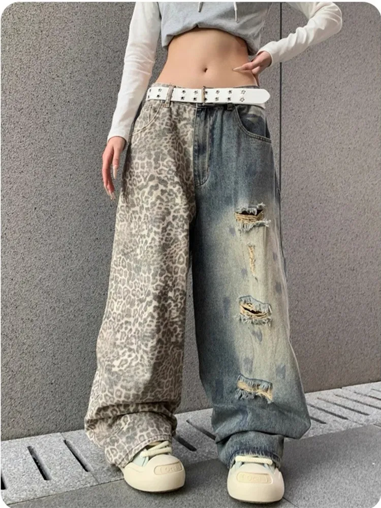 

2025 американские ретро Y2K леопардовые лоскутные мешковатые рваные женские джинсы, брюки для одежды, широкие женские уличные джинсовые брюки