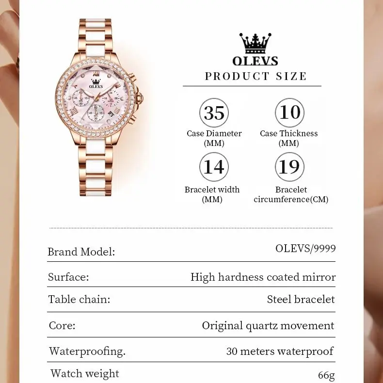 OLEVS Women Watch Chronograph Elegant Rhombus Mirror Diamond Pink Dial Ceramic Watch Strap Stainless steel Quartz Hand Clock NEW