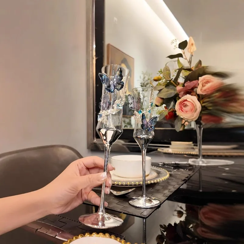 

130ML Butterfly Champagne Glass Electroplating Household Crystal Glass Champagne Flute Wedding/Party Goblet