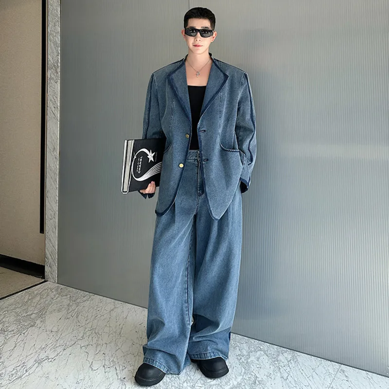 WVGA Spring Autumn New Men Niche Design Heavy Vintage Hand-Painted Washed Denim Jacket Chic Casual Wide-Leg Pants Set Ins W16992