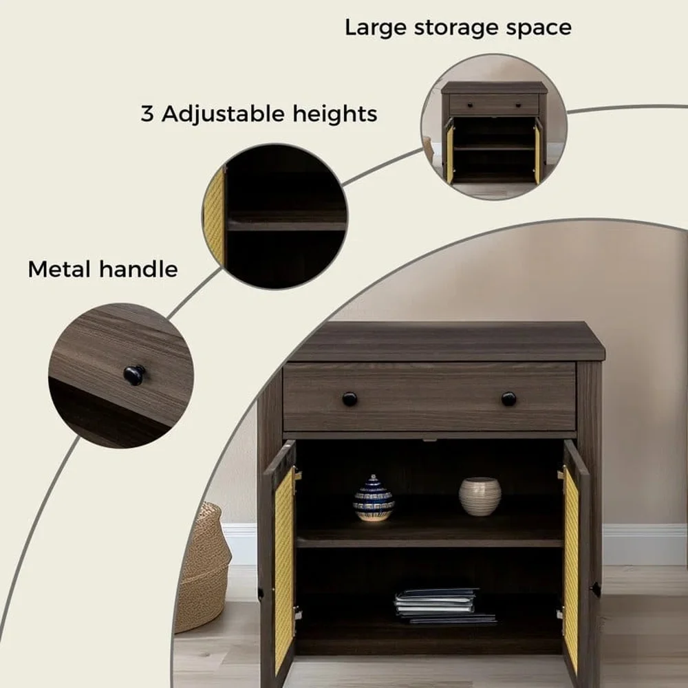 Rattan End Table Storage Cabinet with Adjustable Shelf Sliding Drawer Indoor Accent Table Walnut Finish Easy Assembly