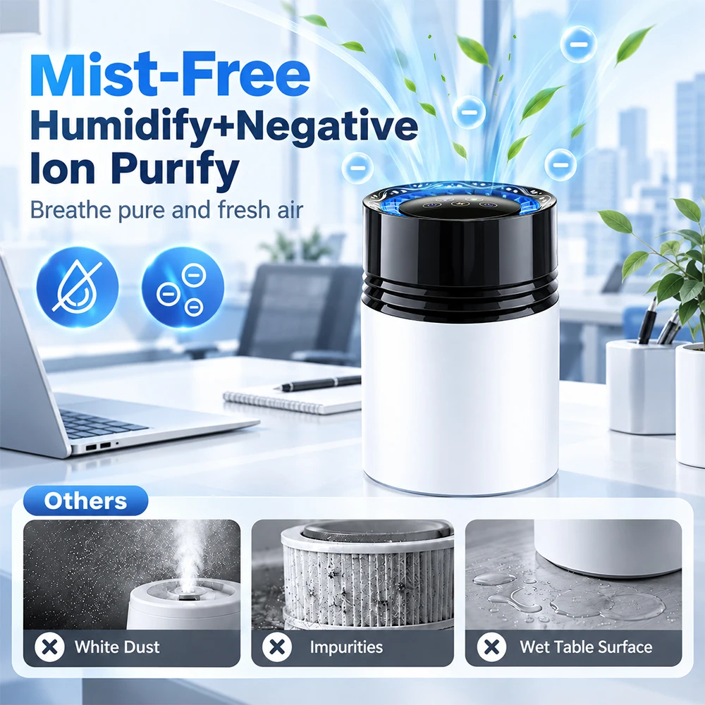 Humidifier Quiet Evaporative Air Humidifier 3L Mist-Free with Negative Ion 3 Speeds 2/4/8H Time Top Fill for Bedroom Baby Office