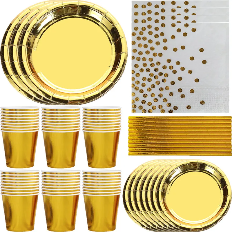 Gold Disposable Paper Plates Cups Straw napkins cakestand Tableware Sets for Adult Kids Birthday Party Supplies Gold Theme decor