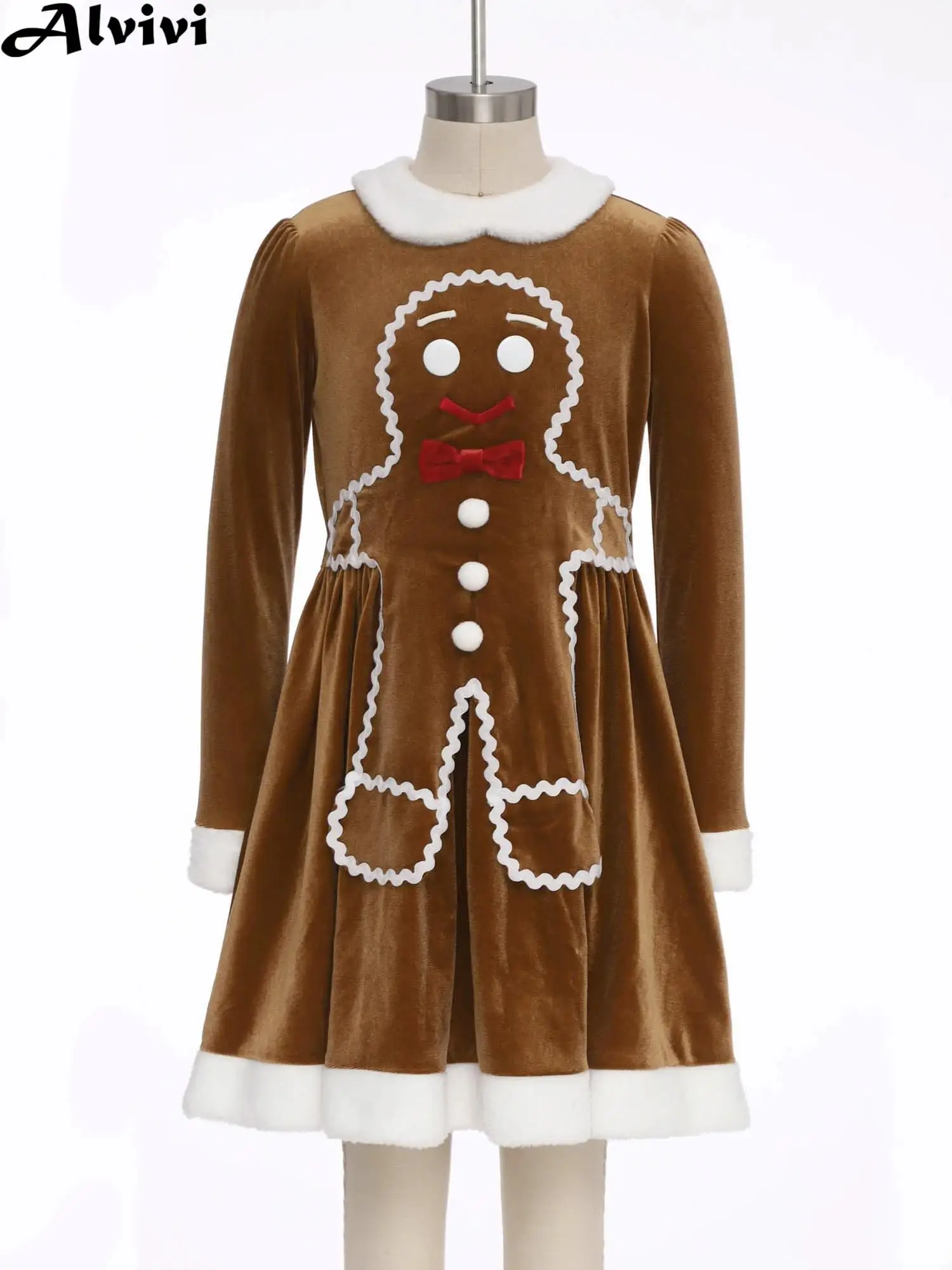 أطفال بنات عيد الميلاد المخملية فستان عيد الميلاد الزنجبيل رجل تأثيري أداء زي طويل الأكمام الزنجبيل الخبز نمط سستة ثوب #1