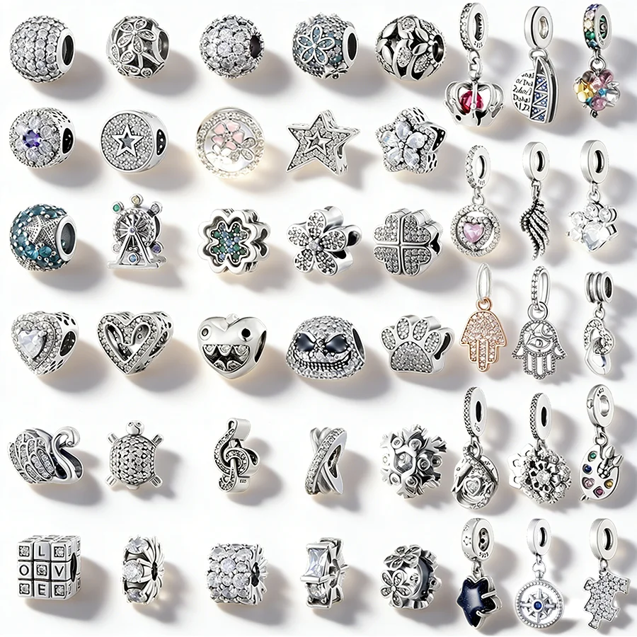Hot 925 Sterling Silver Plated Charm Beads, Flower Heart Star Beads & Dangle Pendants, DIY Jewelry Making Gifts For Women Girls