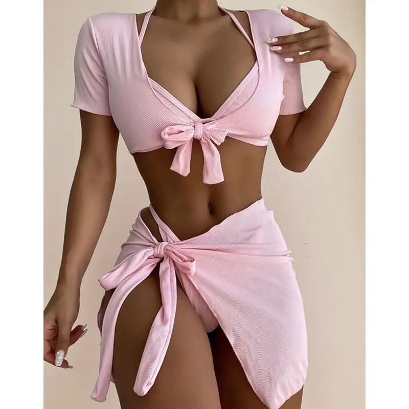 Women's Swimsuit 2022 Summer New Bikini Sexy Holiday Style Split 4-piece Printing Quick Dry Lady Swimwear Short Sleeve Cover Up