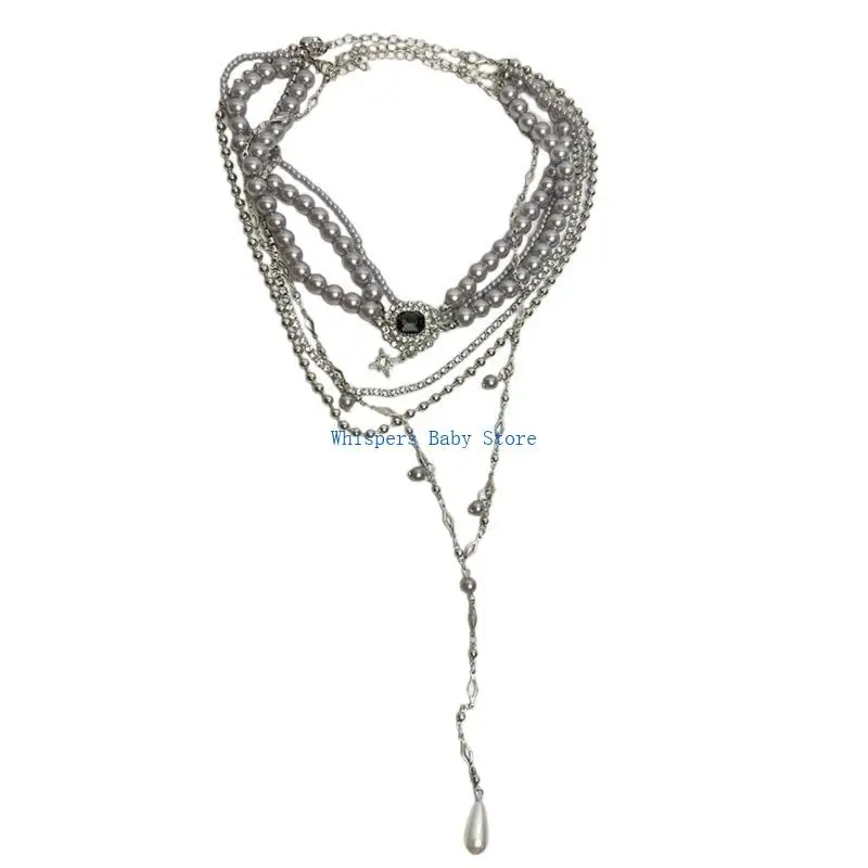 

U90E Stylish Handmade Pearls Necklace Multilayer Necklace Elegant Pearls Jewelry Alloy Texture for Work and Parties Event