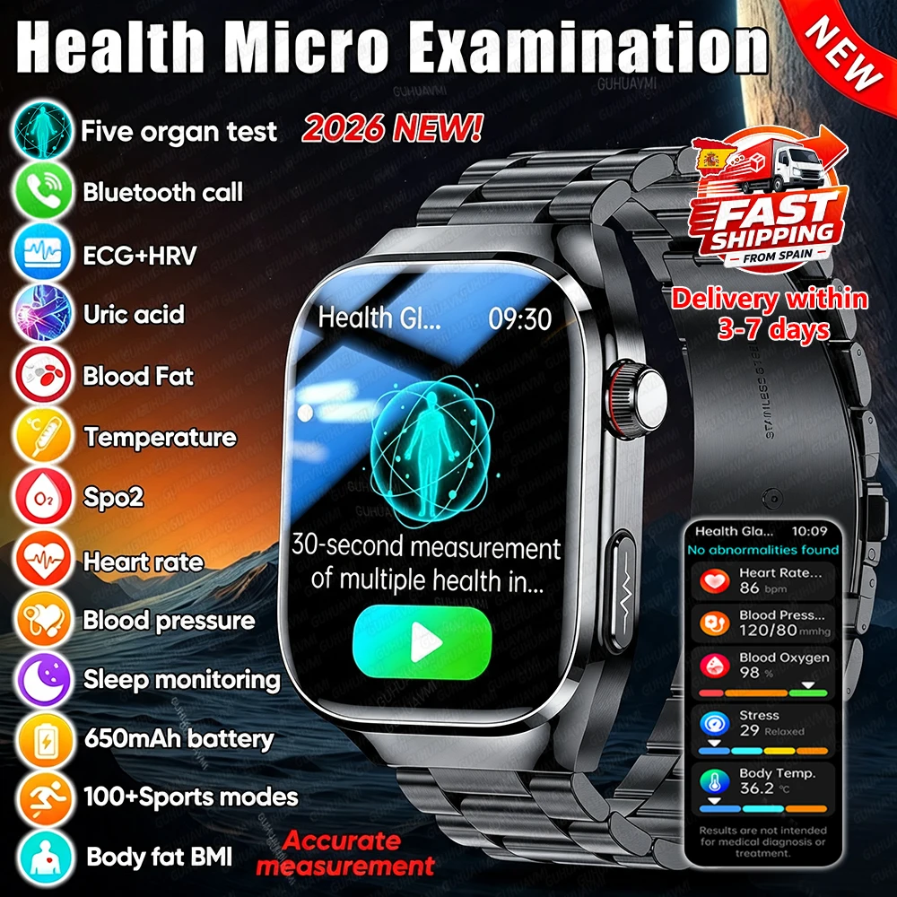 Nouvelle Montre Connectée de Santé 2026 avec Diagnostic ECG par IA pour Hommes, Écran AMOLED 2,04 pouces, Fréquence Cardiaque, Pression Artérielle, Étanchéité IP68, Appel Bluetooth, Montre Intelligente Sportive