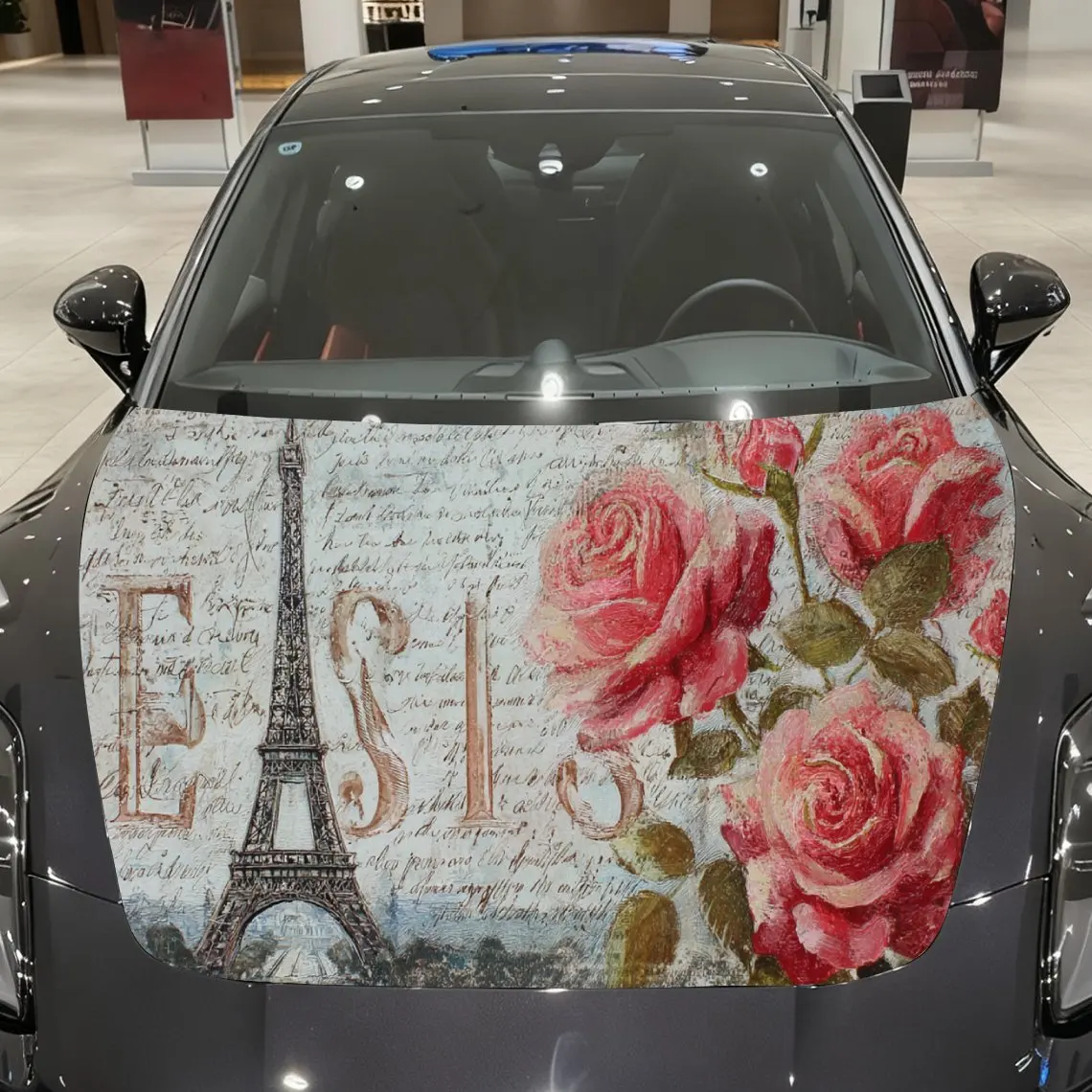 Stylish Vintage Eiffel Tower Rose Car Cover Sticker, Auto Hood Decal, Car Exterior Scratch Resistant Decal, Trendy Gift for Car