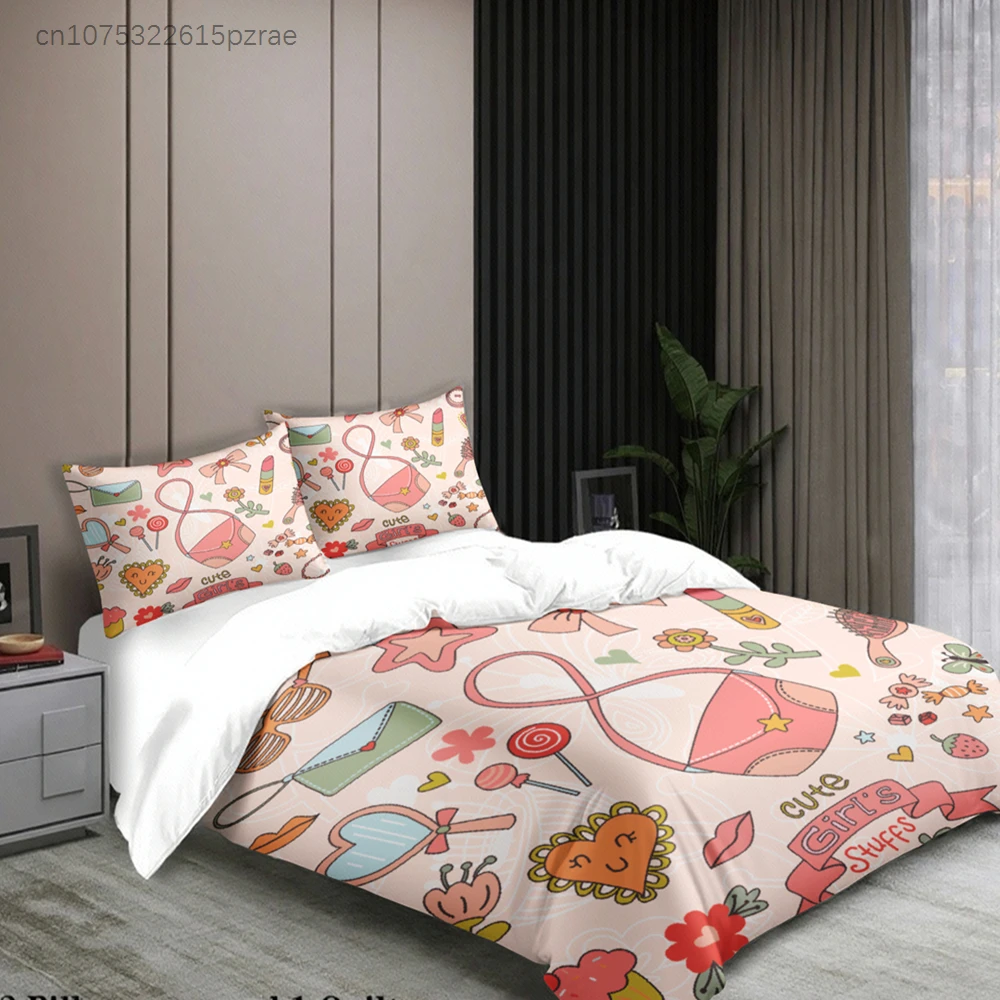 3pcs Cute Girls Stuff Bedding Sets 3D Printed Colorful Cartoon Pattern Duvet Cover Sets With Pillowcases No Filling