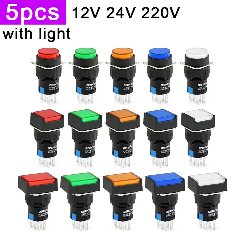 

5 шт., кнопочный переключатель с плоской головкой, запуск мощности, мгновенный самосброс, 12 В, 24 В, 220 В, самоблокирующийся LA16-22 со светло-красным, зеленым