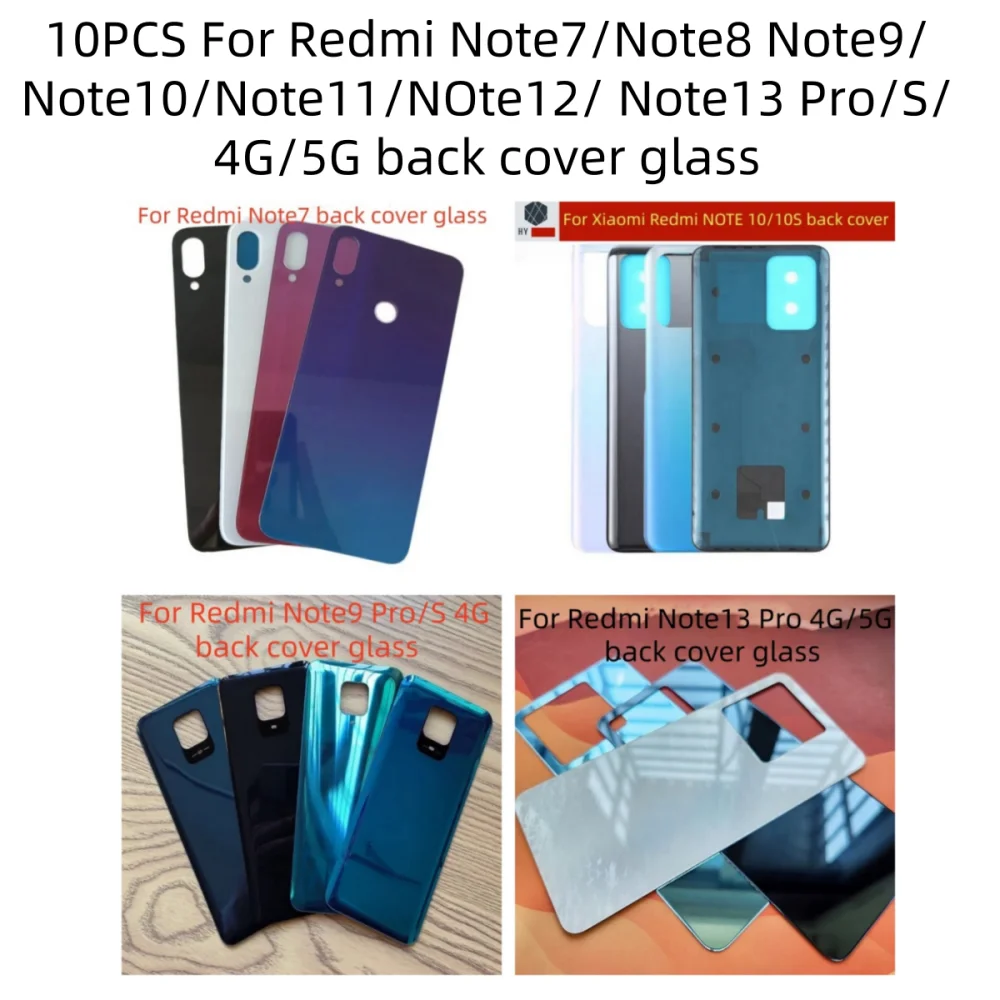 

10PCS For Redmi Note7/Note8/-/Note10/-/Note12/Note13 Pro/S/4G/5G Glass Panel Battery Back Cover Rear Door Housing Case Replac