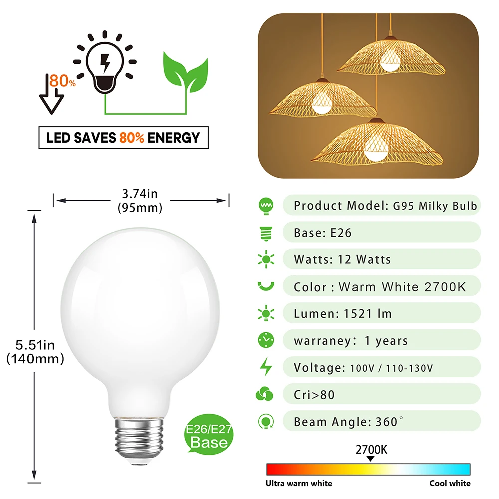 Imagem -03 - Luz Pendente do Teto do Vidro Geado Leitoso G95 Globe Led Night Bulb Fonte de Alto Brilho 12w 100v 110v E27 Pcs