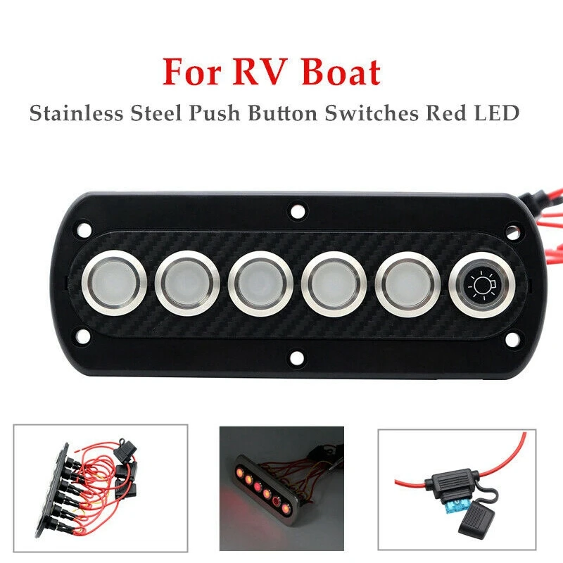 12V20A saklar Panel serat karbon 6 posisi modifikasi sakelar tombol baja tahan karat dengan lampu merah untuk Boat-AU74 RV