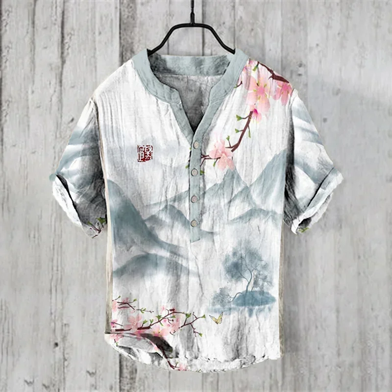 2024 New Men's Retro Hawaiian Art Printed Wave Series 3D Digital Casual Loose Short Sleeve Shirt