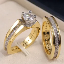 Huitan 2Pcs Bridal Set Ring Luxury Gold Color Geometric Shape Wedding Jewelry Women Micro Pave CZ Lady Proposal Engagement Rings