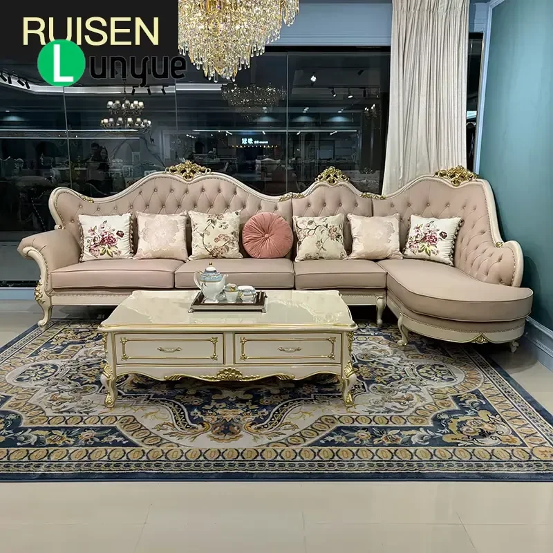 European Neoclassical Corner Sofa Luxury Solid Wood Frame Warm Gray Leather Combination Sofa Bed for Living Room Elegant