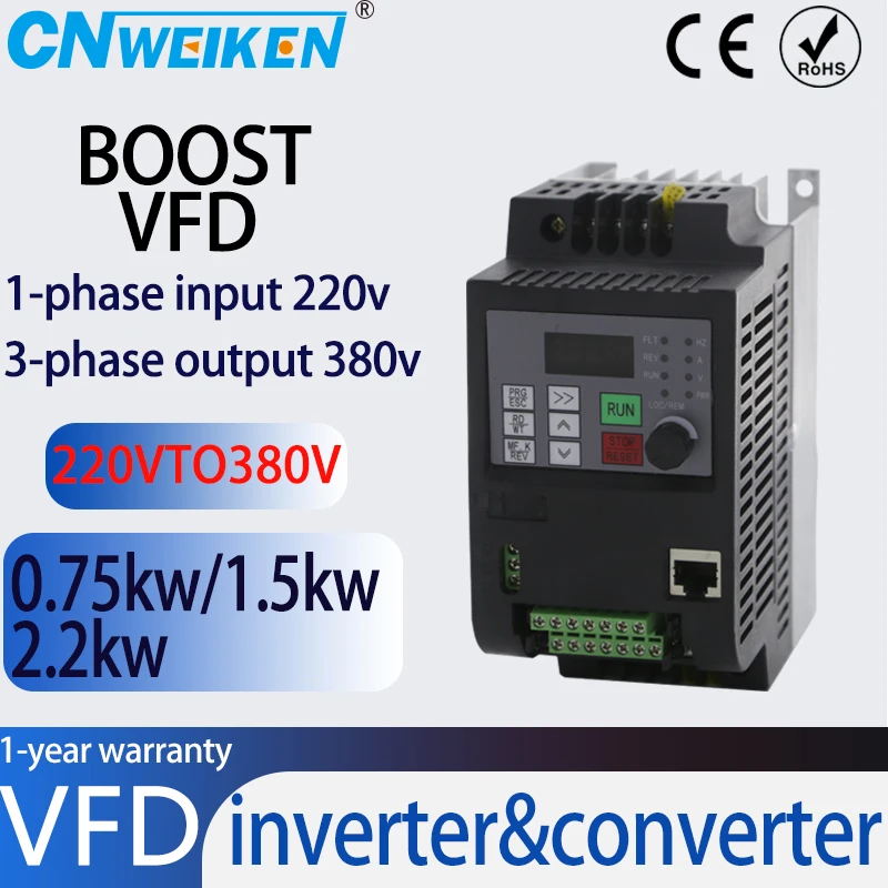 

Hot sell！220V to 380V 0.75-11KW boost Variable Frequency Drive 1P input 220V 3Phase out 380V Speed Controller Inverter Motor VFD