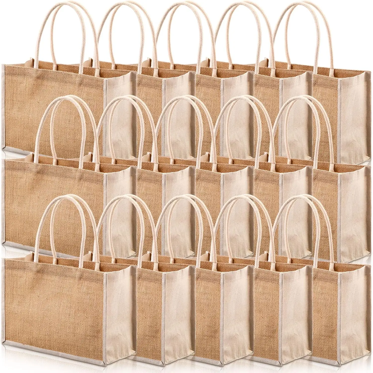 

16 Pack Jute Tote Gift Bags Natural Jute Grocery Shopping Bags Burlap Beach Bags with Cotton Handles Reusable Burlap Totes for C