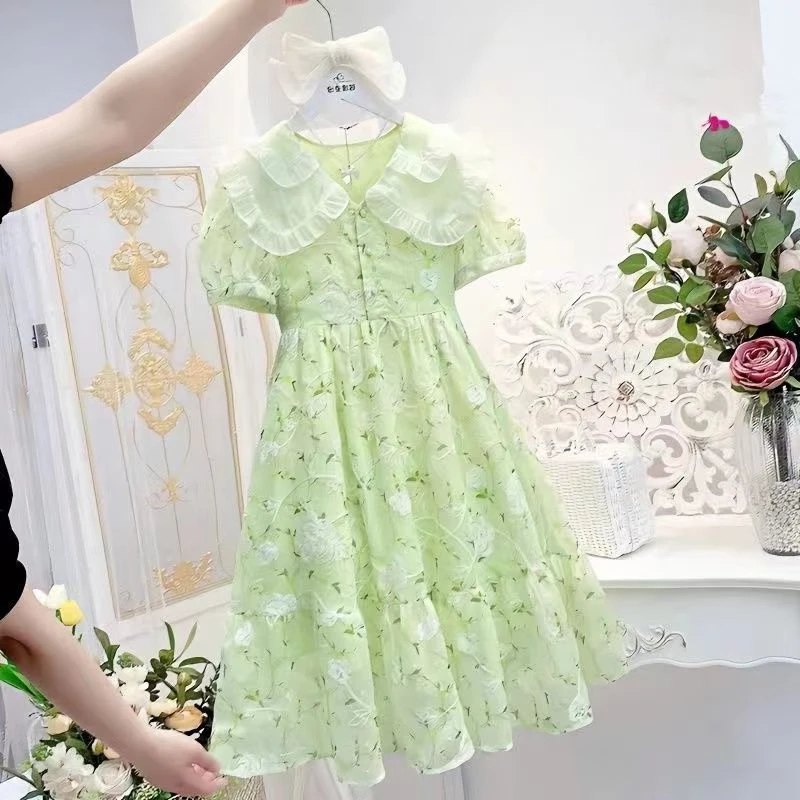 Girls Maxi Dresses Kids Outfits Baby Bow Print Dresses Summer Teens Short Sleeve Wedding Princess Costumes 4 5 6 7 8 9 12 Years