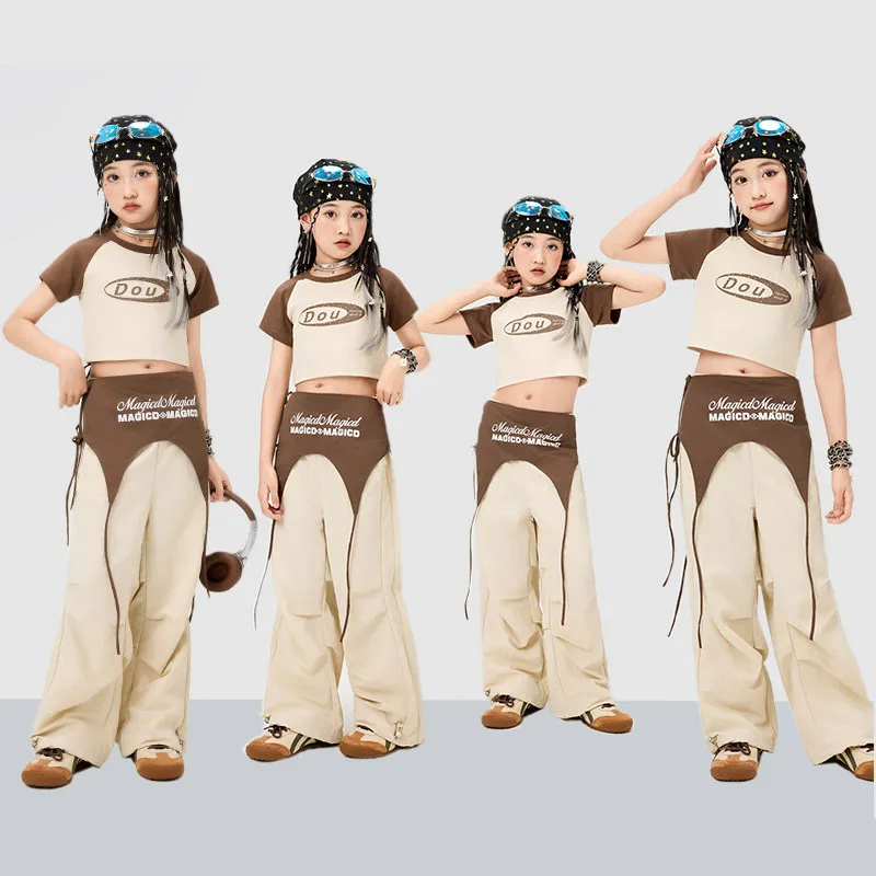 

Kid Kpop Hip Hop Clothing Khaki Brown Crop T Shirt Top Casual Wide Parachute Pants for Girls Jazz Dance Wear Costumes Clothes