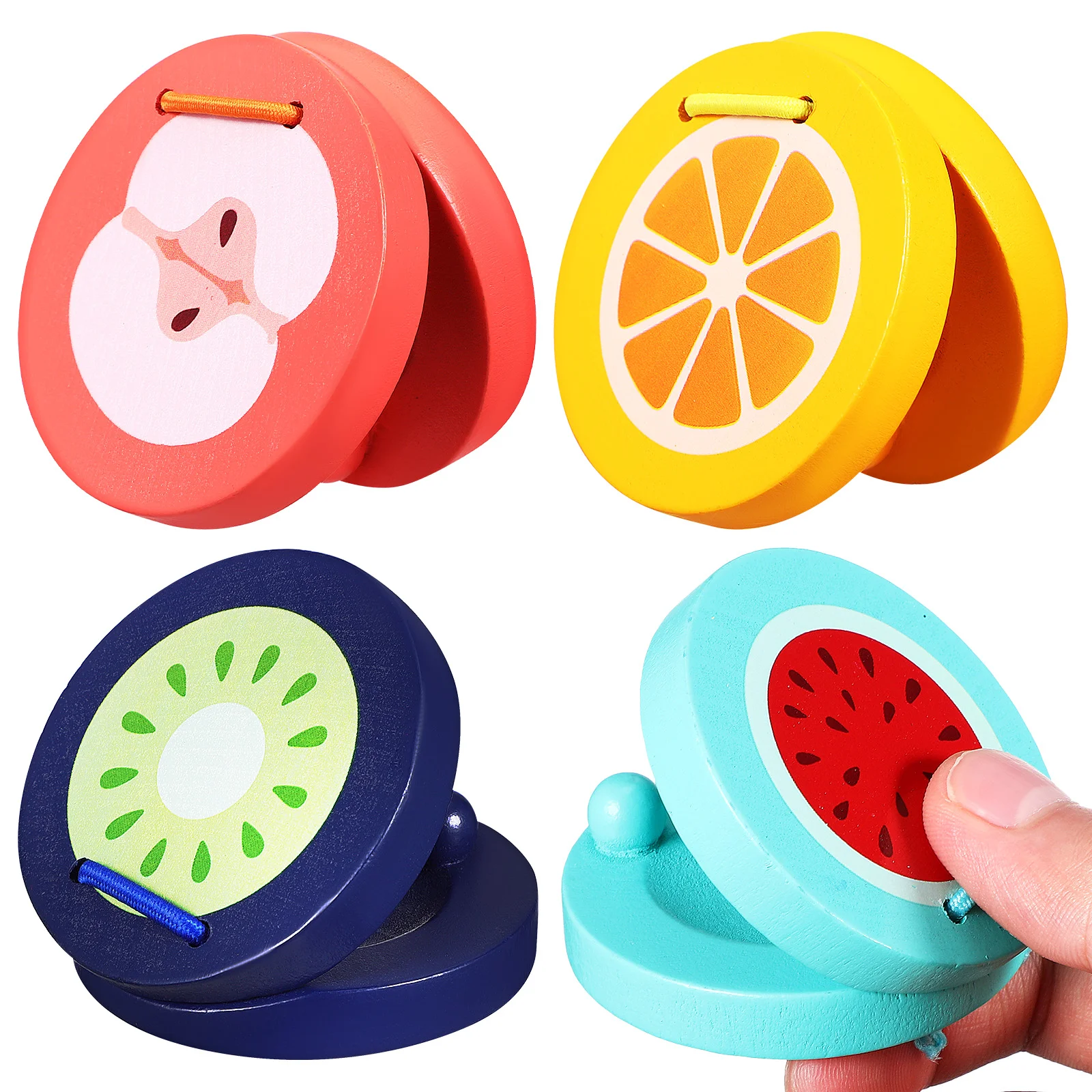 

Orff Percussion Wooden Castanets 4pcs (orange+kiwi+ +watermelon) Unique Finger Preschool Musical Instruments Toys Small