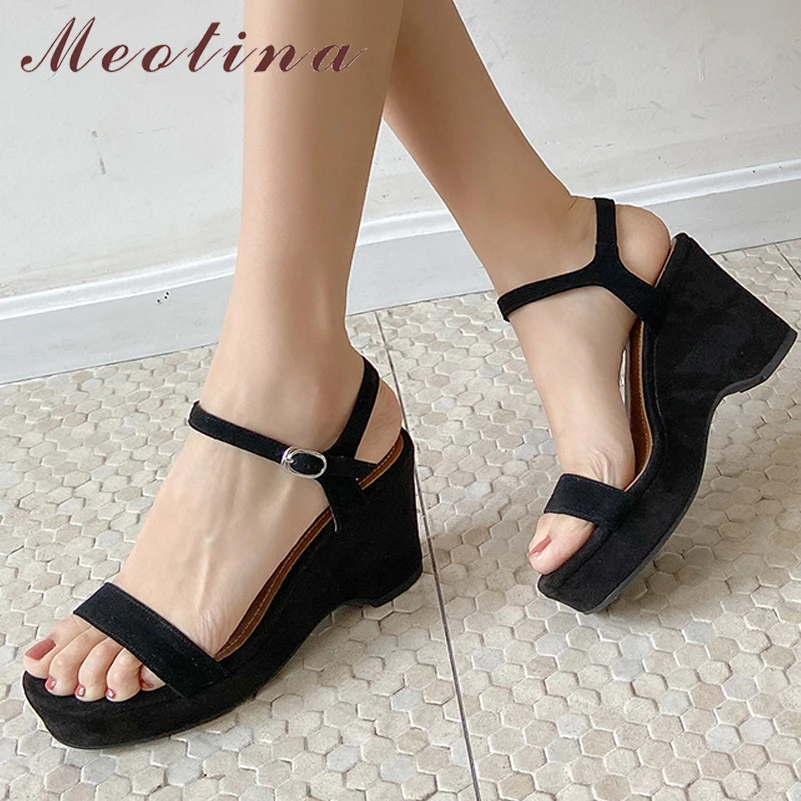 

Meotina Women Genuine Leather Sandals Round Toe Platform Wedges High Heel Buckle Kid Suede Ladies Fashion Shoes Summer Black