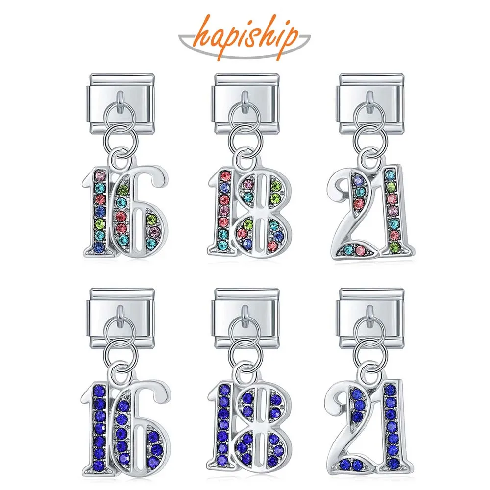 Hapiship 2023 New Colour Blue CZ NO 16 18 21 Birthday Italian Charm Links Fit 9mm Bracelet Stainless Steel Jewelry Making DJ604