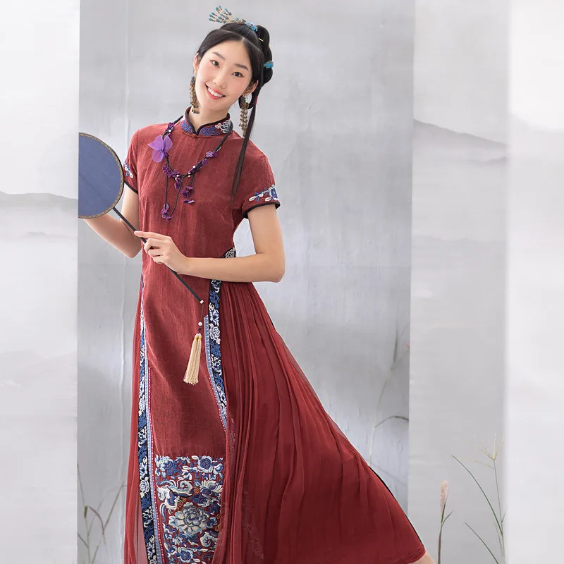 A Life On The Left Women Gambiered Guangdong Gauze Improved Cheongsam Standing Collar Buckle Traditional Embroidery Silk Skirt